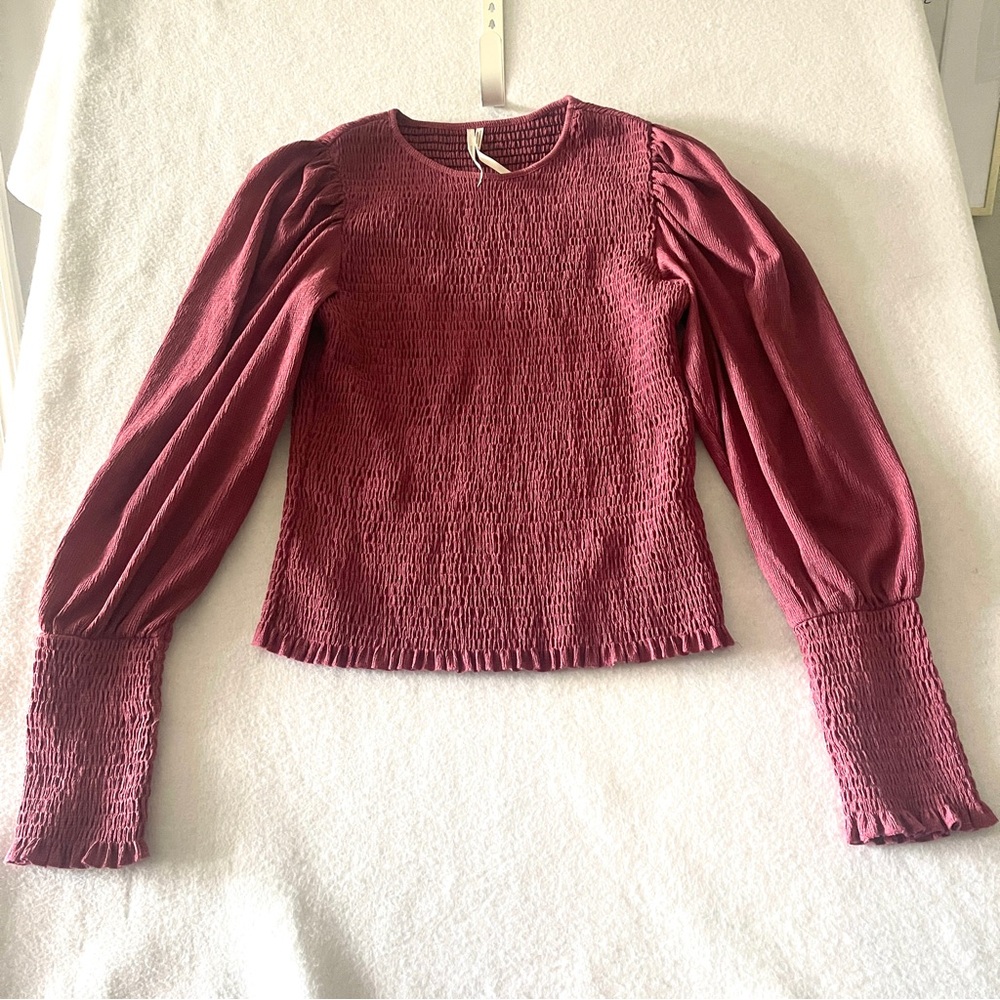 Anthropologie Burgundy Fitted Puff Sleeved Smocked Blouse Medium